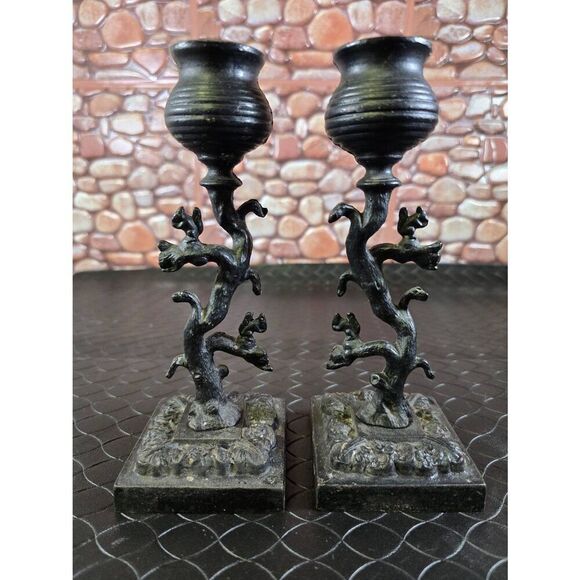 Two Ornate Squirrels on a Tree Black Cast Iron Candle Holder 8in Tall - Picture 1 of 12